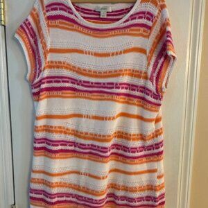 CJ Banks Women's Plus Orange Pink Stripes 100% Cotton Short Sleeve Sweater Sz 1X